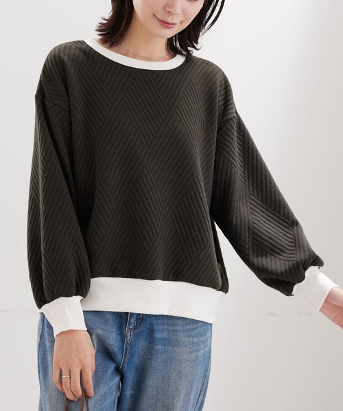 BELLUNA PLUS（ベルーナ）の「幾何柄ジャカード配色リブプルオーバー（Tシャツ/カットソー・レディース・アイボリー/カーキ/セージグリーン/ネイビー・MEDIUM/LARGE/X-LARGE）」の15枚目の写真