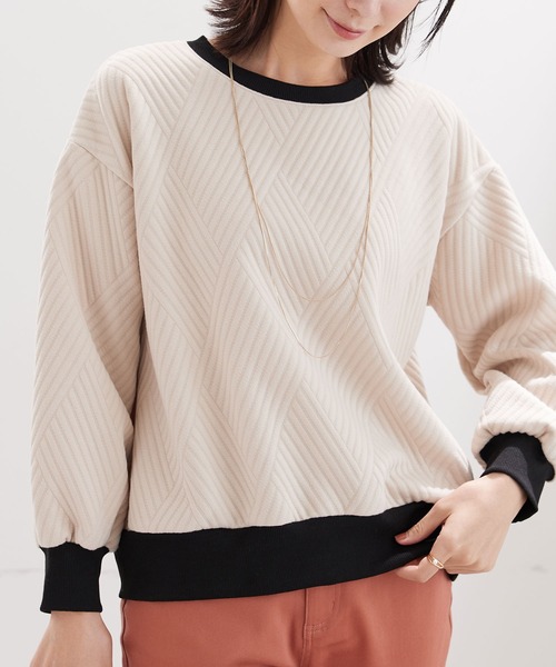 BELLUNA PLUS（ベルーナ）の「幾何柄ジャカード配色リブプルオーバー（Tシャツ/カットソー・レディース・アイボリー/カーキ/セージグリーン/ネイビー・MEDIUM/LARGE/X-LARGE）」の9枚目の写真
