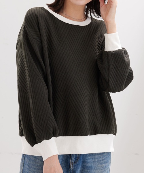 BELLUNA PLUS（ベルーナ）の「幾何柄ジャカード配色リブプルオーバー（Tシャツ/カットソー・レディース・アイボリー/カーキ/セージグリーン/ネイビー・MEDIUM/LARGE/X-LARGE）」の16枚目の写真