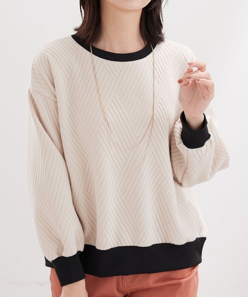 BELLUNA PLUS（ベルーナ）の「幾何柄ジャカード配色リブプルオーバー（Tシャツ/カットソー・レディース・アイボリー/カーキ/セージグリーン/ネイビー・MEDIUM/LARGE/X-LARGE）」の10枚目の写真