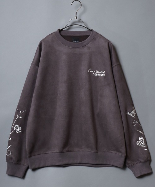 ANPAS(アンパス)の「Faux suede sweatshirt featuring sleeve embroidery / フェイクスエード 袖刺繍 スウェットトレーナー メンズ レディース ユニセックス(スウェット・メンズ・チャコール/アイボリー/ネイビー・L/M)」の7枚目の写真