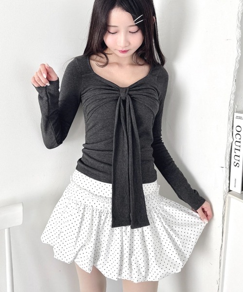 Loueme(ルエム)の「カップ付きフロントリボントップス(Tシャツ/カットソー・レディース・オフホワイト/グレー/ブラック・FREE)」の3枚目の写真