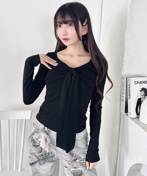 Loueme(ルエム)の「カップ付きフロントリボントップス(Tシャツ/カットソー・レディース・オフホワイト/グレー/ブラック・FREE)」の9枚目の写真