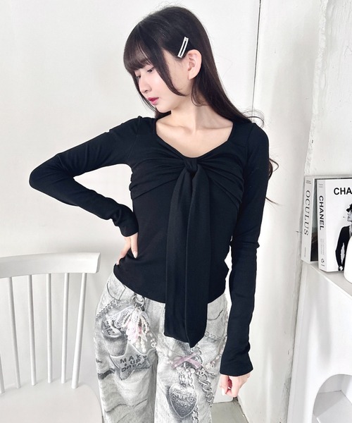 Loueme(ルエム)の「カップ付きフロントリボントップス(Tシャツ/カットソー・レディース・オフホワイト/グレー/ブラック・FREE)」の10枚目の写真