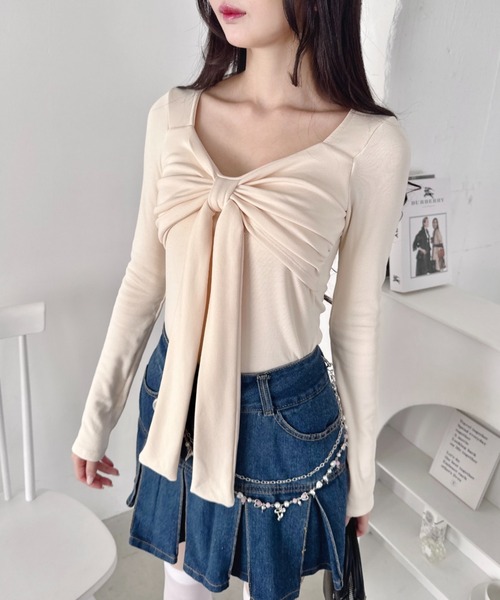 Loueme(ルエム)の「カップ付きフロントリボントップス(Tシャツ/カットソー・レディース・オフホワイト/グレー/ブラック・FREE)」の12枚目の写真
