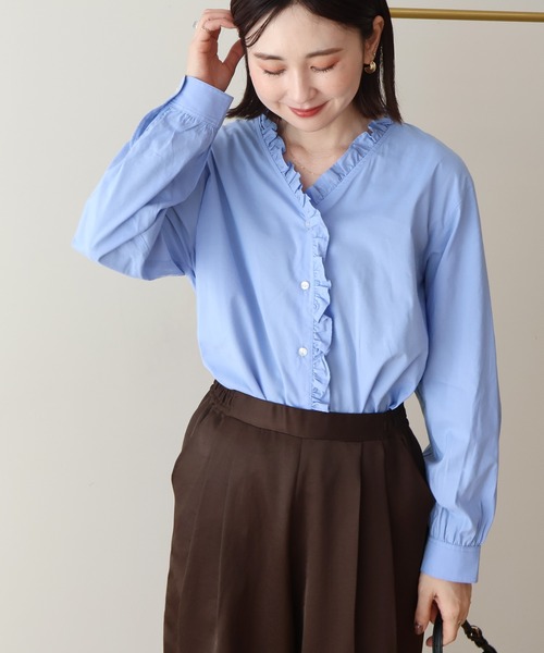 AMERICAN HOLIC（アメリカンホリック）の「フリルVネックブラウス（シャツ/ブラウス・レディース・ブラウン/サックスブルー・L/M）」の5枚目の写真