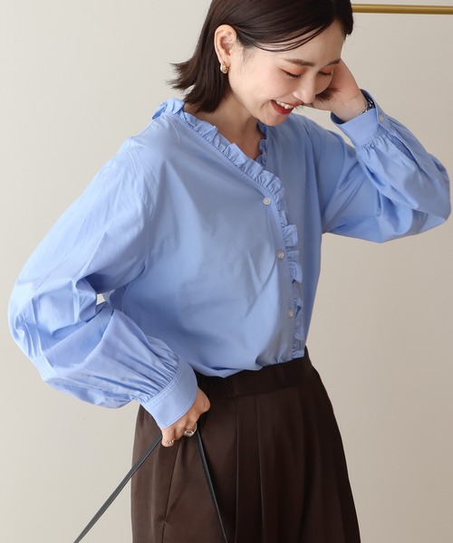 AMERICAN HOLIC（アメリカンホリック）の「フリルVネックブラウス（シャツ/ブラウス・レディース・ブラウン/サックスブルー・L/M）」の7枚目の写真