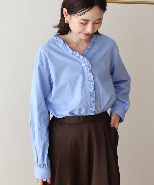 AMERICAN HOLIC（アメリカンホリック）の「フリルVネックブラウス（シャツ/ブラウス・レディース・ブラウン/サックスブルー・L/M）」の8枚目の写真