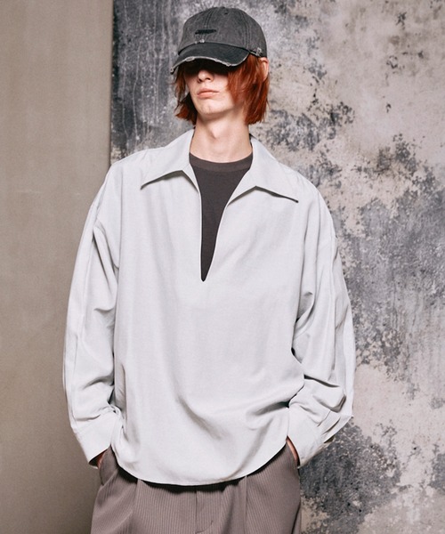 UNISEX》Deep Front Neck Prime-Over Skipper Shirt/ディープフロント