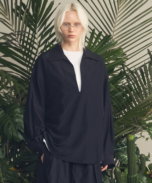 UNISEX》Deep Front Neck Prime-Over Skipper Shirt/ディープフロント