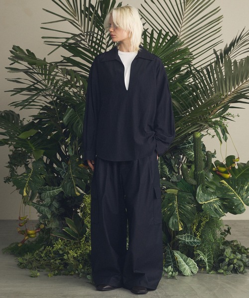 UNISEX》Deep Front Neck Prime-Over Skipper Shirt/ディープフロント