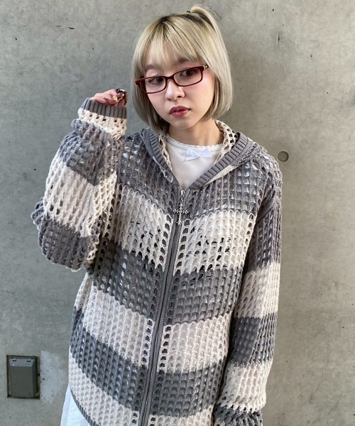 Candy Stripper（キャンディストリッパー）の「MESH KNIT フーディー（パーカー・レディース・チャコール/イエロー/ライトグレー・FREE）」の10枚目の写真