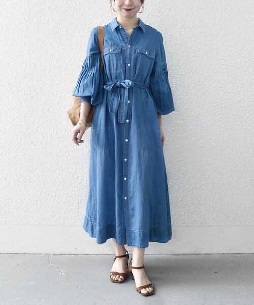 SHIPS any:〈手洗い可能〉シアー デニム ポケット ロング シャツ