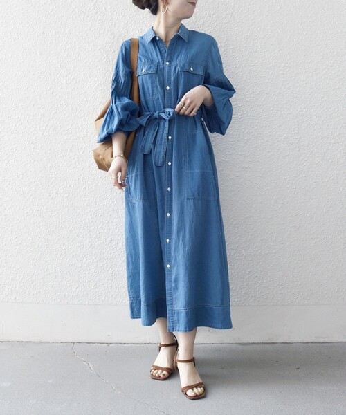 SHIPS any:〈手洗い可能〉シアー デニム ポケット ロング シャツ