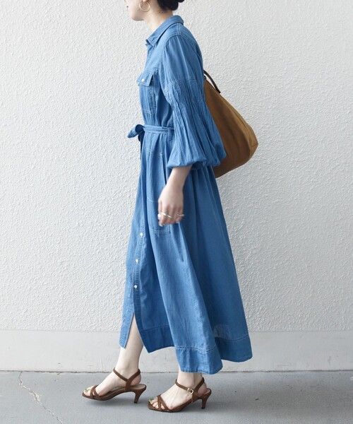 ●シップスエニィ　ロングシャツワンピース SHIPS any:〈手洗い可能〉シアー デニム ポケット ロング シャツ