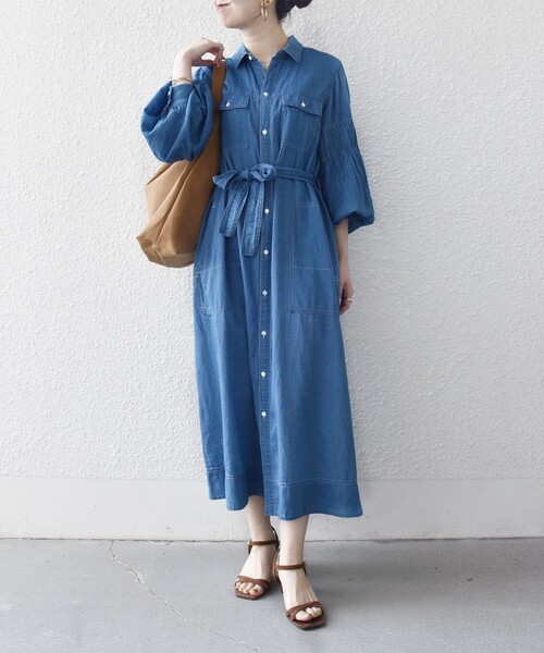 SHIPS any:〈手洗い可能〉シアー デニム ポケット ロング シャツ