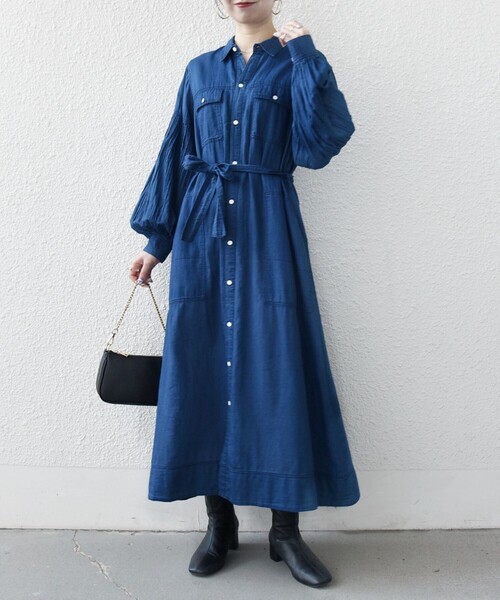 SHIPS any（シップス エニィ）の「SHIPS any:〈手洗い可能〉シアー デニム ポケット ロング シャツ ワンピース（シャツワンピース・レディース・ブルー/ライトブルー・ONE SIZE）」の3枚目の写真