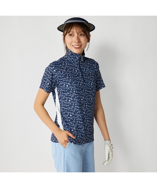 marie claire（マリ・クレール）の「marie claire GOLF/マリクレール ゴルフ ゴルフウェア 吸汗速乾 UVカット 総柄 ハーフジップ 半袖シャツ（Tシャツ/カットソー・レディース・ラベンダー/ネイビー/ホワイト・M/L/LL/3L）」の3枚目の写真