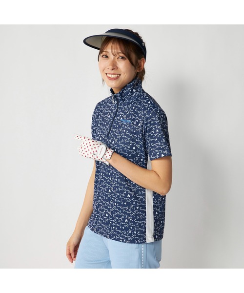 marie claire（マリ・クレール）の「marie claire GOLF/マリクレール ゴルフ ゴルフウェア 吸汗速乾 UVカット 総柄 ハーフジップ 半袖シャツ（Tシャツ/カットソー・レディース・ラベンダー/ネイビー/ホワイト・M/L/LL/3L）」の4枚目の写真