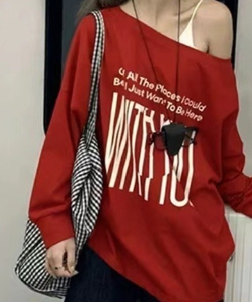 Songe(ソンジュ)の「ビックプリント2WAYオフショルダーロンT(Tシャツ/カットソー・レディース・グレー/レッド・FREE)」の2枚目の写真