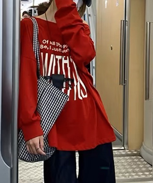 Songe(ソンジュ)の「ビックプリント2WAYオフショルダーロンT(Tシャツ/カットソー・レディース・グレー/レッド・FREE)」の8枚目の写真