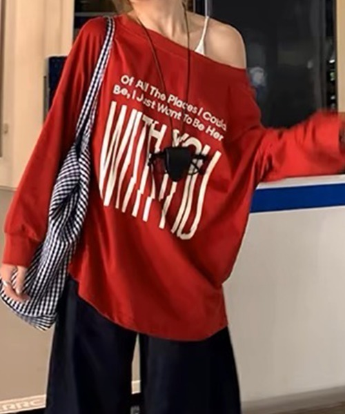 Songe(ソンジュ)の「ビックプリント2WAYオフショルダーロンT(Tシャツ/カットソー・レディース・グレー/レッド・FREE)」の10枚目の写真