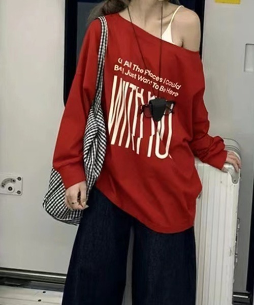 Songe(ソンジュ)の「ビックプリント2WAYオフショルダーロンT(Tシャツ/カットソー・レディース・グレー/レッド・FREE)」の13枚目の写真