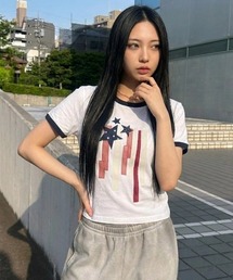 『mahagrid/マハグリッド』 FLAG APPLIQUE RINGER CROP TEE/フラッグ アップリケ リンガー クロップ Tシャツ