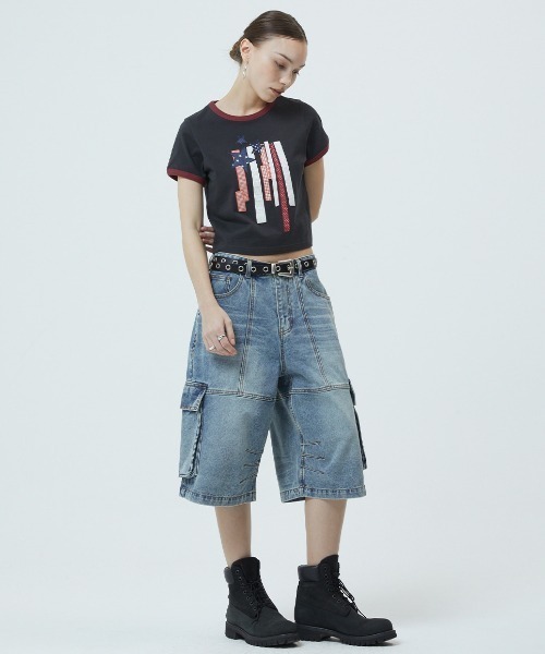 MAHAGRID（マハグリッド）の「『mahagrid/マハグリッド』 FLAG APPLIQUE RINGER CROP TEE/フラッグ アップリケ リンガー クロップ Tシャツ（Tシャツ/カットソー・レディース・グレー/チャコールグレー/ホワイト・XS）」の14枚目の写真