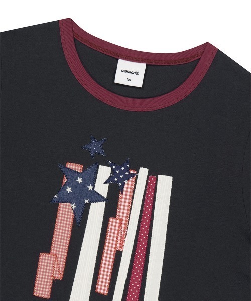 MAHAGRID（マハグリッド）の「『mahagrid/マハグリッド』 FLAG APPLIQUE RINGER CROP TEE/フラッグ アップリケ リンガー クロップ Tシャツ（Tシャツ/カットソー・レディース・グレー/チャコールグレー/ホワイト・XS）」の18枚目の写真