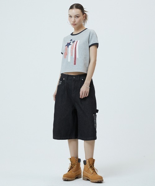 MAHAGRID（マハグリッド）の「『mahagrid/マハグリッド』 FLAG APPLIQUE RINGER CROP TEE/フラッグ アップリケ リンガー クロップ Tシャツ（Tシャツ/カットソー・レディース・グレー/チャコールグレー/ホワイト・XS）」の16枚目の写真