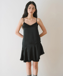 LACE SHIRRING SLIP MINI DRESS, BLACK