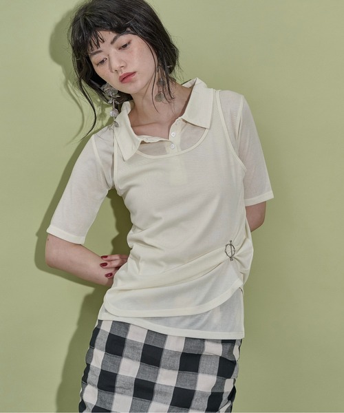 THE YOn(ザヨン)の「タンクレイヤードポロトップス(Tシャツ/カットソー・レディース・ダークブラウン/セージグリーン/アイボリー・FREE)」の1枚目の写真