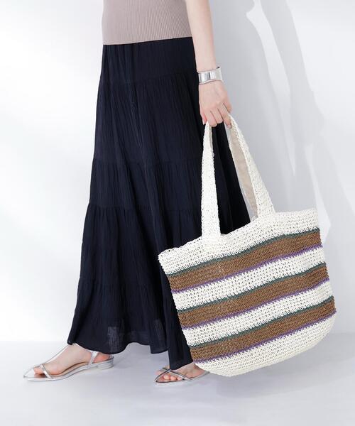 NATURAL BEAUTY BASIC（ナチュラルビューティーベーシック）の「ミックスボーダーペーパートートバッグ（トートバッグ・レディース・イエロー/ブラウン/ブルー・ﾌﾘ-）」の2枚目の写真