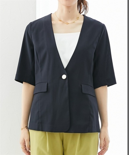 7days Life Styling(セブンデイズライフスタイリング)の「【接触冷感/UVカット】シアーノーカラー5分袖ジャケット(洗濯機OK)(カバーオール・レディース・ブラック/アイボリー・3L/LL/L/M/S)」の8枚目の写真
