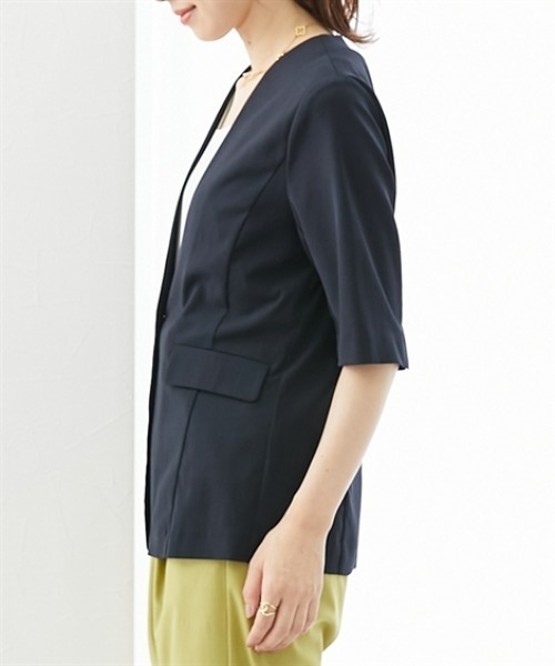 7days Life Styling(セブンデイズライフスタイリング)の「【接触冷感/UVカット】シアーノーカラー5分袖ジャケット(洗濯機OK)(カバーオール・レディース・ブラック/アイボリー・3L/LL/L/M/S)」の9枚目の写真