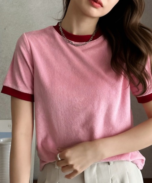 Eclat one(エクラワン)の「【Eclat one】パイル 素材 配色 デザイン プルオーバー(Tシャツ/カットソー・レディース・ピンク/ライトグレー/ネイビー/ブルー・FREE)」の4枚目の写真