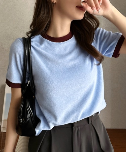 Eclat one(エクラワン)の「【Eclat one】パイル 素材 配色 デザイン プルオーバー(Tシャツ/カットソー・レディース・ピンク/ライトグレー/ネイビー/ブルー・FREE)」の2枚目の写真