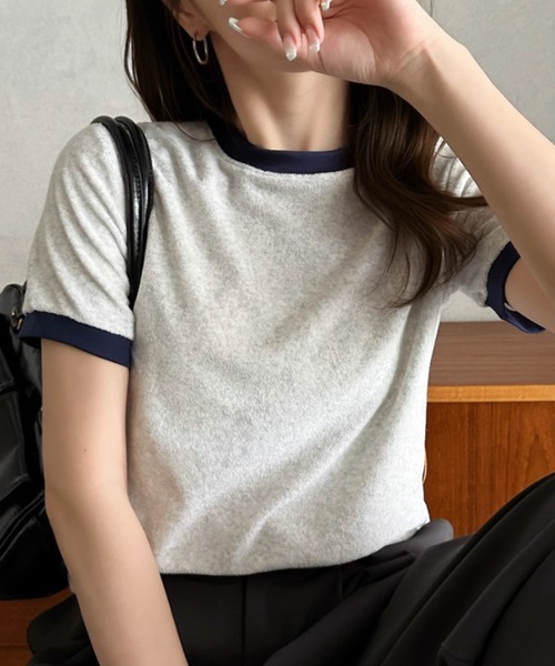 Eclat one(エクラワン)の「【Eclat one】パイル 素材 配色 デザイン プルオーバー(Tシャツ/カットソー・レディース・ピンク/ライトグレー/ネイビー/ブルー・FREE)」の3枚目の写真