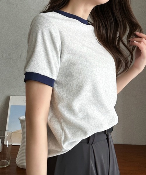 Eclat one(エクラワン)の「【Eclat one】パイル 素材 配色 デザイン プルオーバー(Tシャツ/カットソー・レディース・ピンク/ライトグレー/ネイビー/ブルー・FREE)」の5枚目の写真