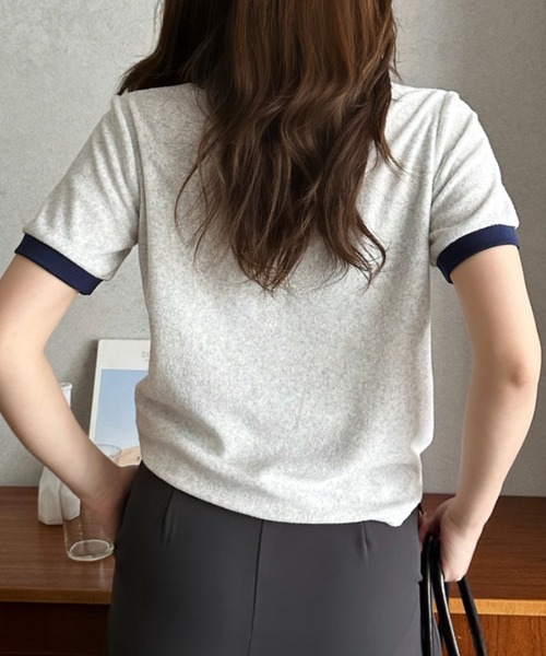 Eclat one(エクラワン)の「【Eclat one】パイル 素材 配色 デザイン プルオーバー(Tシャツ/カットソー・レディース・ピンク/ライトグレー/ネイビー/ブルー・FREE)」の6枚目の写真