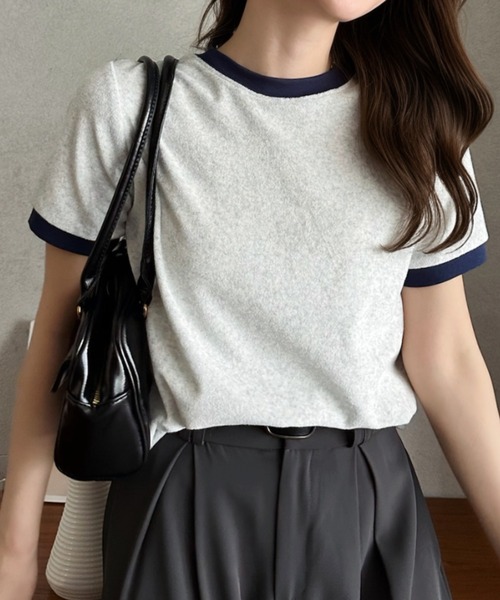 Eclat one(エクラワン)の「【Eclat one】パイル 素材 配色 デザイン プルオーバー(Tシャツ/カットソー・レディース・ピンク/ライトグレー/ネイビー/ブルー・FREE)」の7枚目の写真