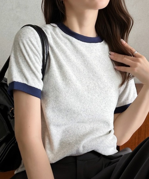 Eclat one(エクラワン)の「【Eclat one】パイル 素材 配色 デザイン プルオーバー(Tシャツ/カットソー・レディース・ピンク/ライトグレー/ネイビー/ブルー・FREE)」の8枚目の写真