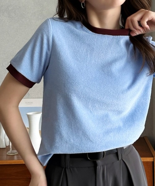 Eclat one(エクラワン)の「【Eclat one】パイル 素材 配色 デザイン プルオーバー(Tシャツ/カットソー・レディース・ピンク/ライトグレー/ネイビー/ブルー・FREE)」の22枚目の写真