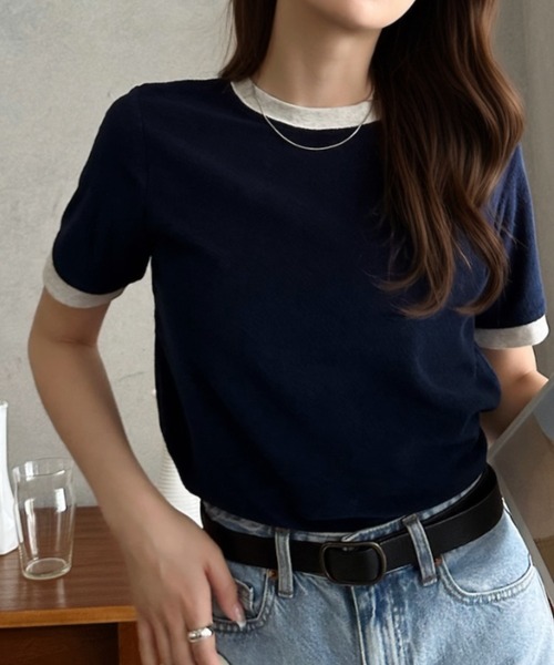 Eclat one(エクラワン)の「【Eclat one】パイル 素材 配色 デザイン プルオーバー(Tシャツ/カットソー・レディース・ピンク/ライトグレー/ネイビー/ブルー・FREE)」の17枚目の写真