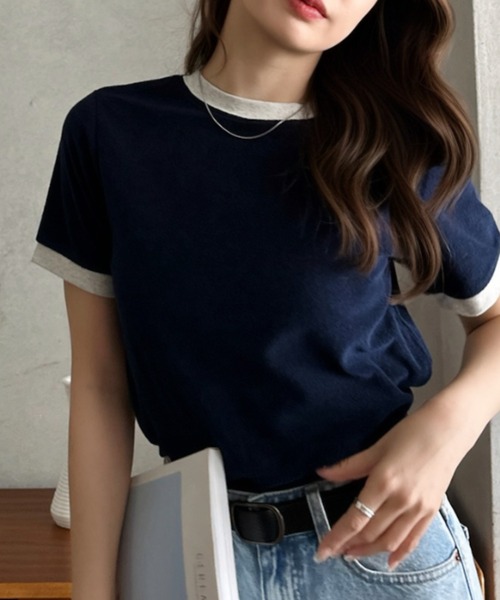 Eclat one(エクラワン)の「【Eclat one】パイル 素材 配色 デザイン プルオーバー(Tシャツ/カットソー・レディース・ピンク/ライトグレー/ネイビー/ブルー・FREE)」の20枚目の写真