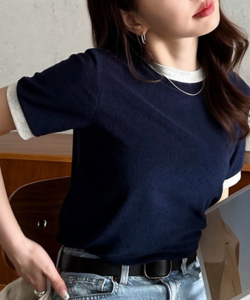 Eclat one(エクラワン)の「【Eclat one】パイル 素材 配色 デザイン プルオーバー(Tシャツ/カットソー・レディース・ピンク/ライトグレー/ネイビー/ブルー・FREE)」の10枚目の写真