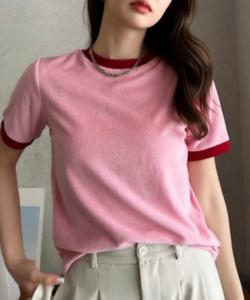 Eclat one(エクラワン)の「【Eclat one】パイル 素材 配色 デザイン プルオーバー(Tシャツ/カットソー・レディース・ピンク/ライトグレー/ネイビー/ブルー・FREE)」の11枚目の写真