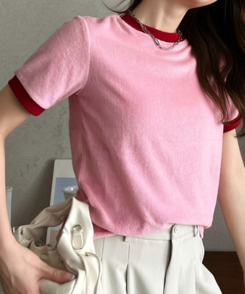 Eclat one(エクラワン)の「【Eclat one】パイル 素材 配色 デザイン プルオーバー(Tシャツ/カットソー・レディース・ピンク/ライトグレー/ネイビー/ブルー・FREE)」の12枚目の写真
