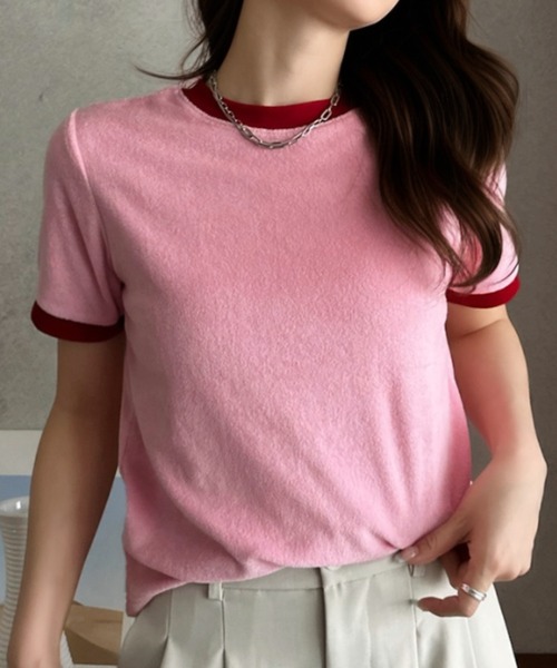 Eclat one(エクラワン)の「【Eclat one】パイル 素材 配色 デザイン プルオーバー(Tシャツ/カットソー・レディース・ピンク/ライトグレー/ネイビー/ブルー・FREE)」の14枚目の写真